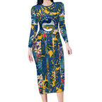 Parramatta Eels Long Sleeve Bodycon Dress Tropical Hibiscus Floral Pattern With Blue And Yellow Accents