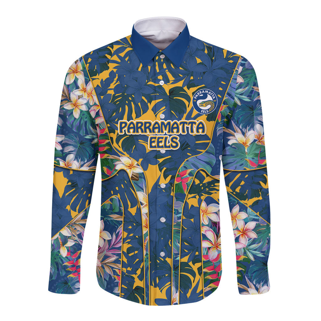 Parramatta Eels Long Sleeve Button Shirt Tropical Hibiscus Floral Pattern With Blue And Yellow Accents