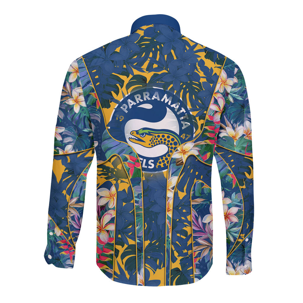 Parramatta Eels Long Sleeve Button Shirt Tropical Hibiscus Floral Pattern With Blue And Yellow Accents
