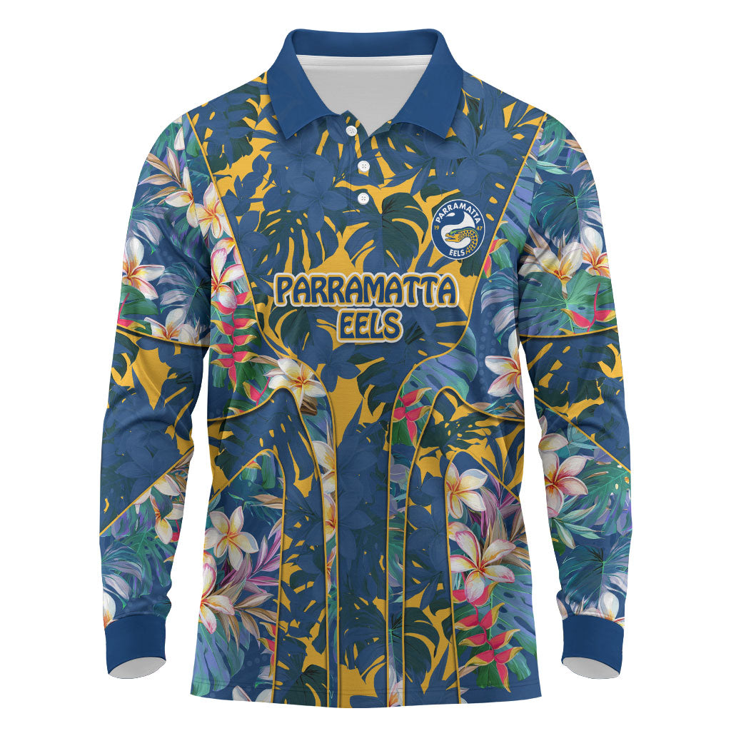 Parramatta Eels Long Sleeve Polo Shirt Tropical Hibiscus Floral Pattern With Blue And Yellow Accents