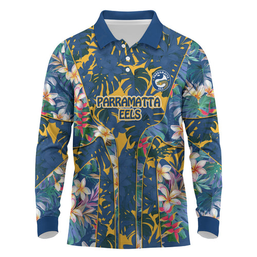 Parramatta Eels Long Sleeve Polo Shirt Tropical Hibiscus Floral Pattern With Blue And Yellow Accents