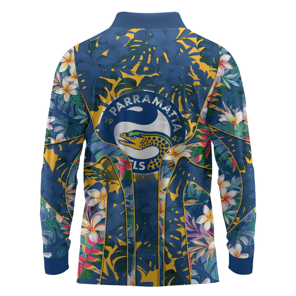 Parramatta Eels Long Sleeve Polo Shirt Tropical Hibiscus Floral Pattern With Blue And Yellow Accents