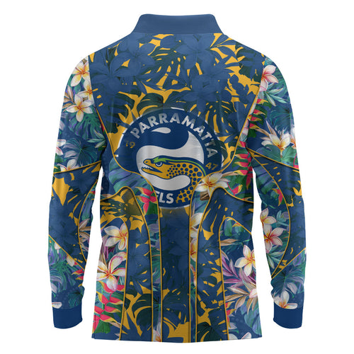 Parramatta Eels Long Sleeve Polo Shirt Tropical Hibiscus Floral Pattern With Blue And Yellow Accents