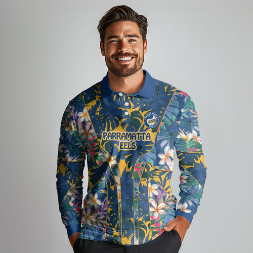 Parramatta Eels Long Sleeve Polo Shirt Tropical Hibiscus Floral Pattern With Blue And Yellow Accents