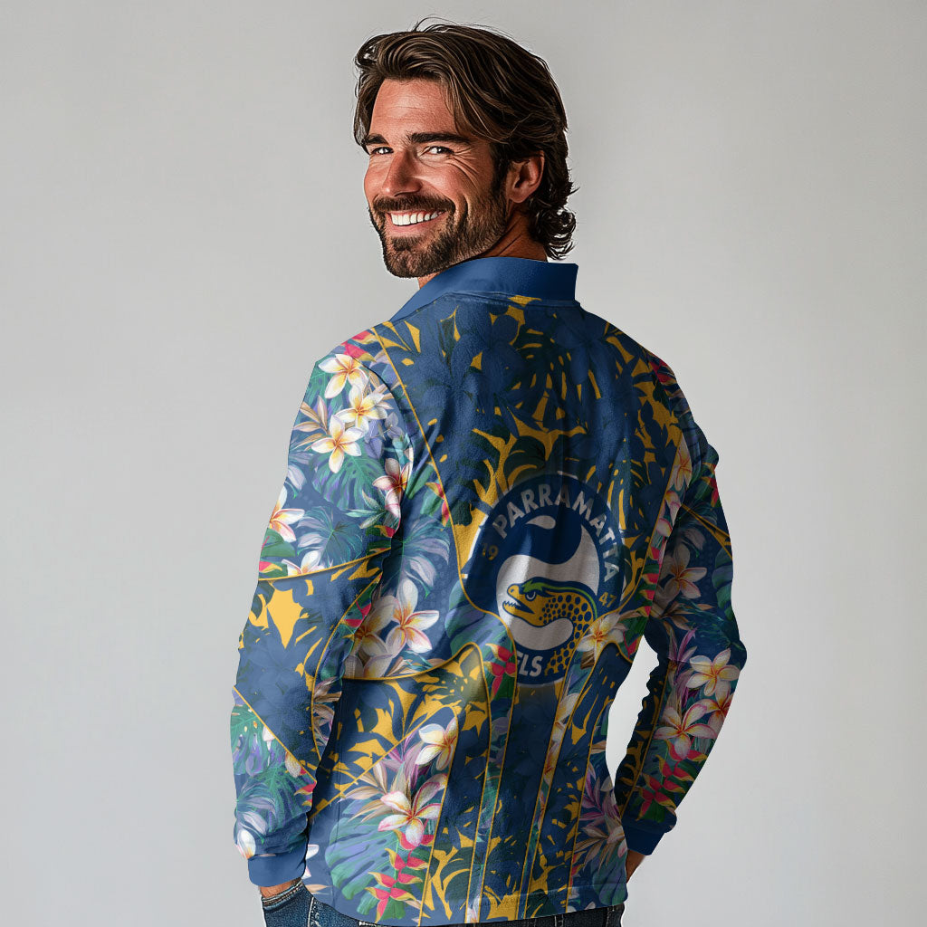 Parramatta Eels Long Sleeve Polo Shirt Tropical Hibiscus Floral Pattern With Blue And Yellow Accents