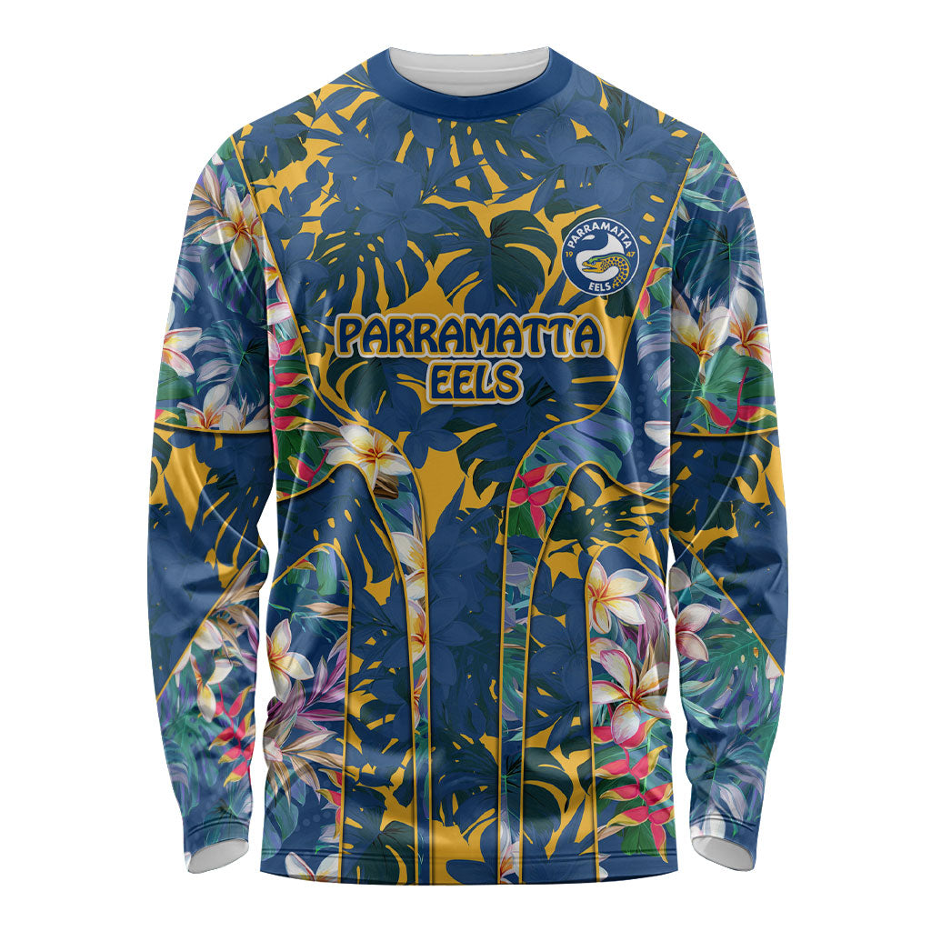 Parramatta Eels Long Sleeve Shirt Tropical Hibiscus Floral Pattern With Blue And Yellow Accents