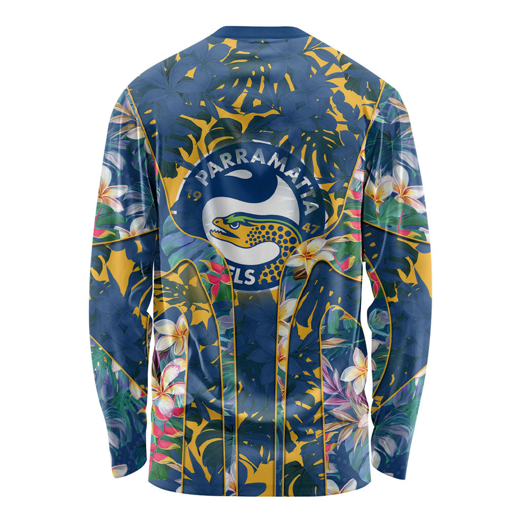 Parramatta Eels Long Sleeve Shirt Tropical Hibiscus Floral Pattern With Blue And Yellow Accents
