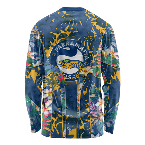 Parramatta Eels Long Sleeve Shirt Tropical Hibiscus Floral Pattern With Blue And Yellow Accents