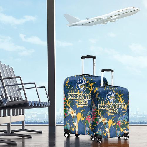 Parramatta Eels Luggage Cover Tropical Hibiscus Floral Pattern With Blue And Yellow Accents