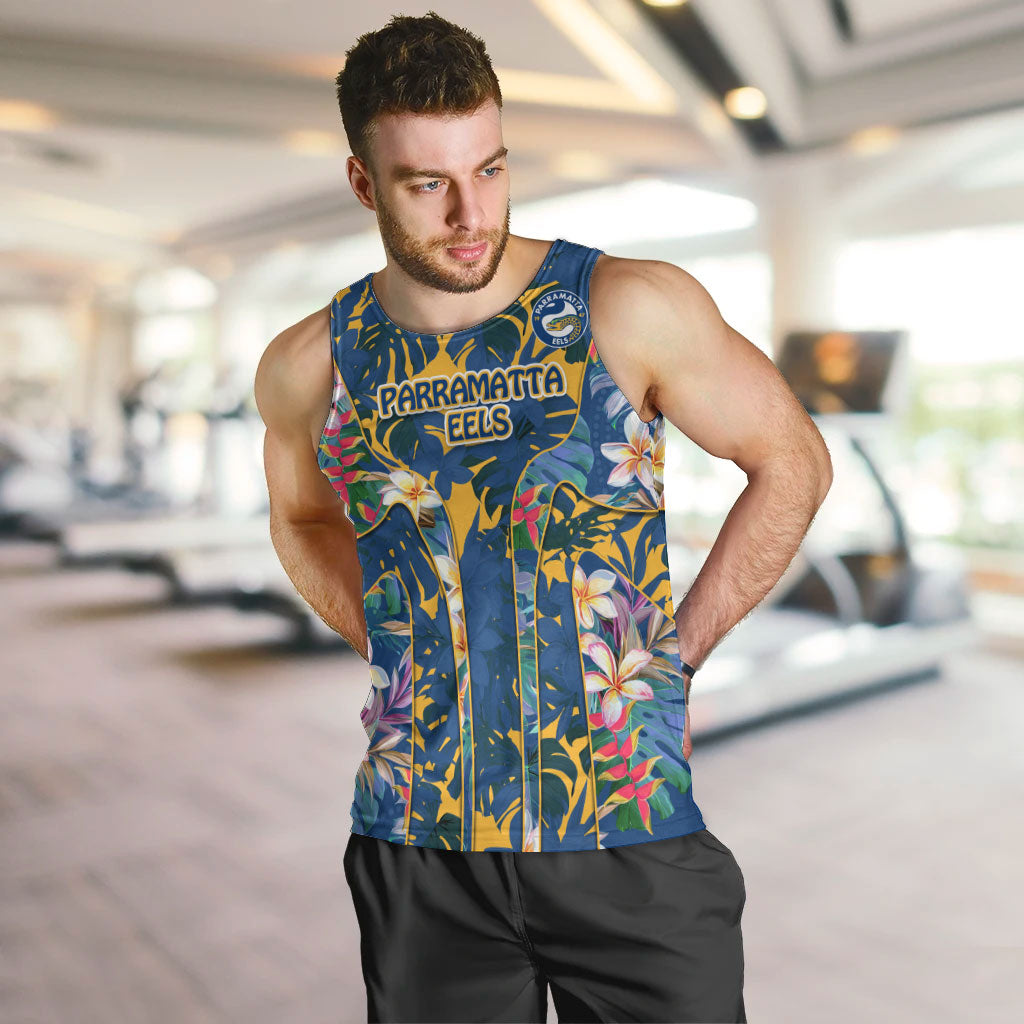 Parramatta Eels Men Tank Top Tropical Hibiscus Floral Pattern With Blue And Yellow Accents