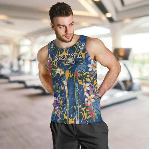 Parramatta Eels Men Tank Top Tropical Hibiscus Floral Pattern With Blue And Yellow Accents