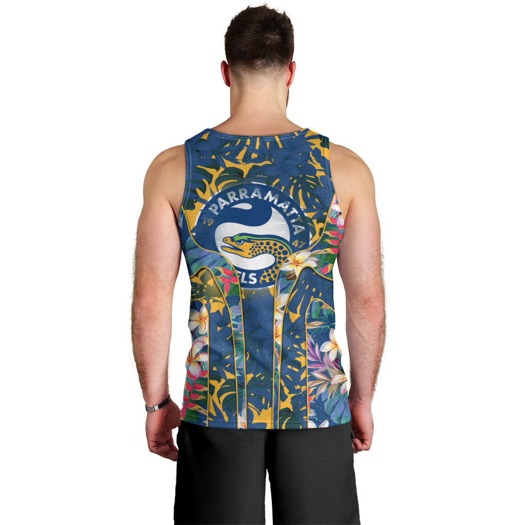 Parramatta Eels Men Tank Top Tropical Hibiscus Floral Pattern With Blue And Yellow Accents