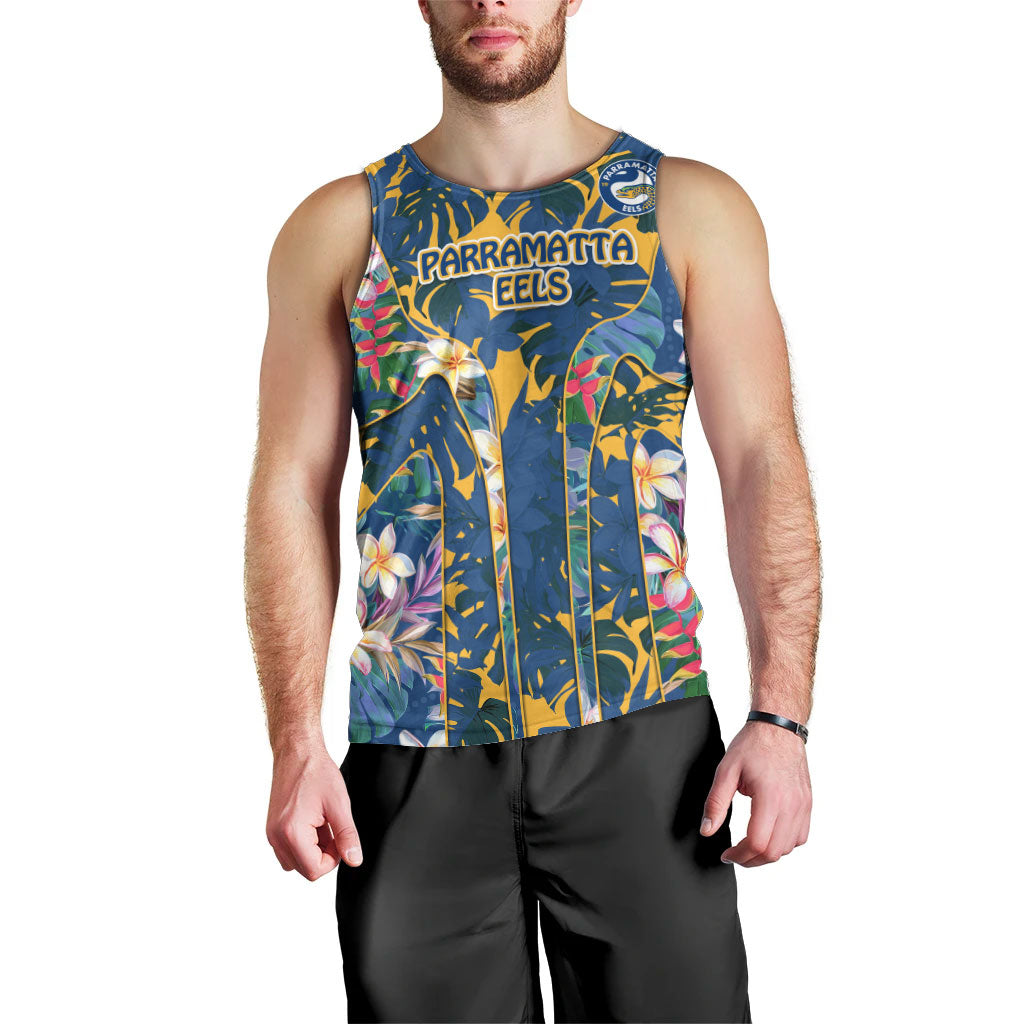 Parramatta Eels Men Tank Top Tropical Hibiscus Floral Pattern With Blue And Yellow Accents