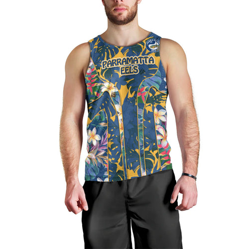 Parramatta Eels Men Tank Top Tropical Hibiscus Floral Pattern With Blue And Yellow Accents