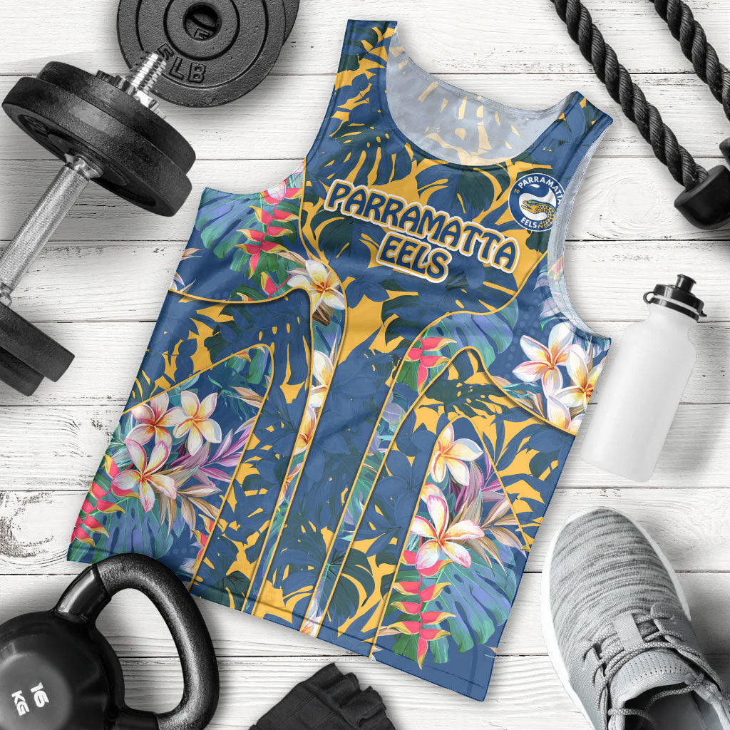 Parramatta Eels Men Tank Top Tropical Hibiscus Floral Pattern With Blue And Yellow Accents