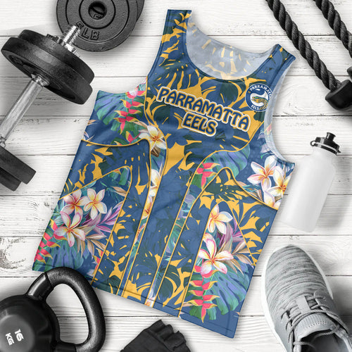 Parramatta Eels Men Tank Top Tropical Hibiscus Floral Pattern With Blue And Yellow Accents
