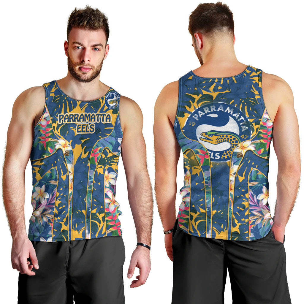 Parramatta Eels Men Tank Top Tropical Hibiscus Floral Pattern With Blue And Yellow Accents