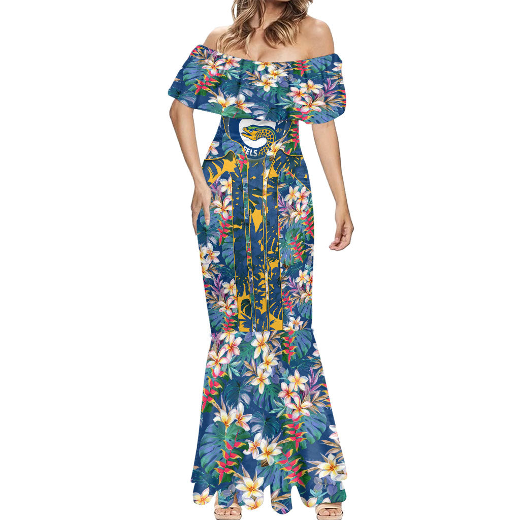 Parramatta Eels Mermaid Dress Tropical Hibiscus Floral Pattern With Blue And Yellow Accents