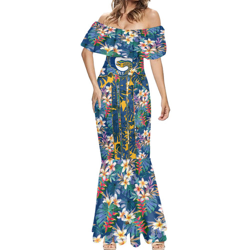 Parramatta Eels Mermaid Dress Tropical Hibiscus Floral Pattern With Blue And Yellow Accents