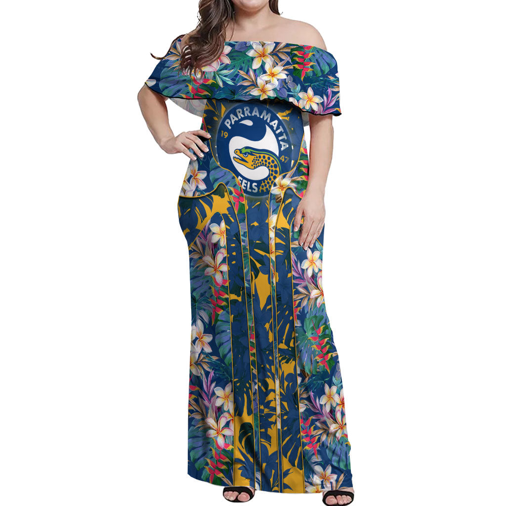 Parramatta Eels Off Shoulder Maxi Dress Tropical Hibiscus Floral Pattern With Blue And Yellow Accents
