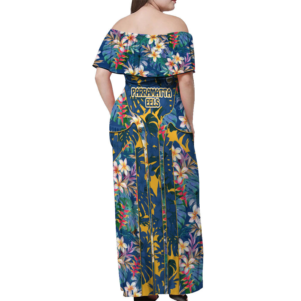 Parramatta Eels Off Shoulder Maxi Dress Tropical Hibiscus Floral Pattern With Blue And Yellow Accents
