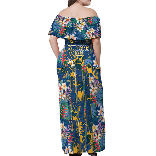 Parramatta Eels Off Shoulder Maxi Dress Tropical Hibiscus Floral Pattern With Blue And Yellow Accents