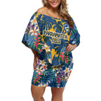 Parramatta Eels Off Shoulder Short Dress Tropical Hibiscus Floral Pattern With Blue And Yellow Accents