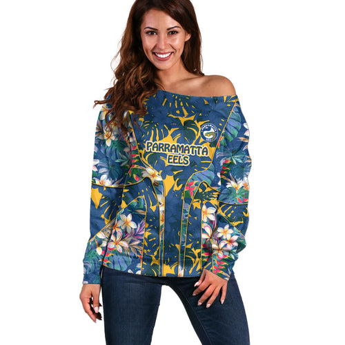 Parramatta Eels Off Shoulder Sweater Tropical Hibiscus Floral Pattern With Blue And Yellow Accents