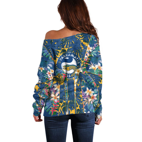 Parramatta Eels Off Shoulder Sweater Tropical Hibiscus Floral Pattern With Blue And Yellow Accents