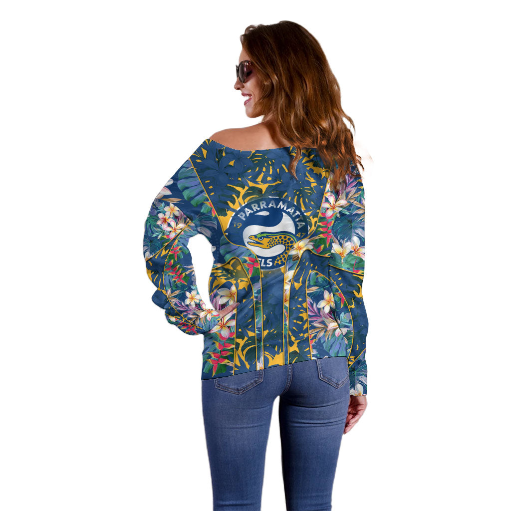 Parramatta Eels Off Shoulder Sweater Tropical Hibiscus Floral Pattern With Blue And Yellow Accents