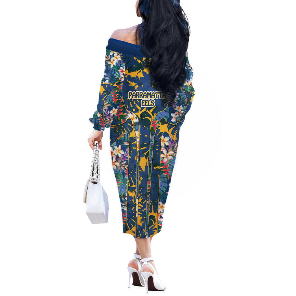 Parramatta Eels Off The Shoulder Long Sleeve Dress Tropical Hibiscus Floral Pattern With Blue And Yellow Accents