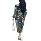 Parramatta Eels Off The Shoulder Long Sleeve Dress Tropical Hibiscus Floral Pattern With Blue And Yellow Accents