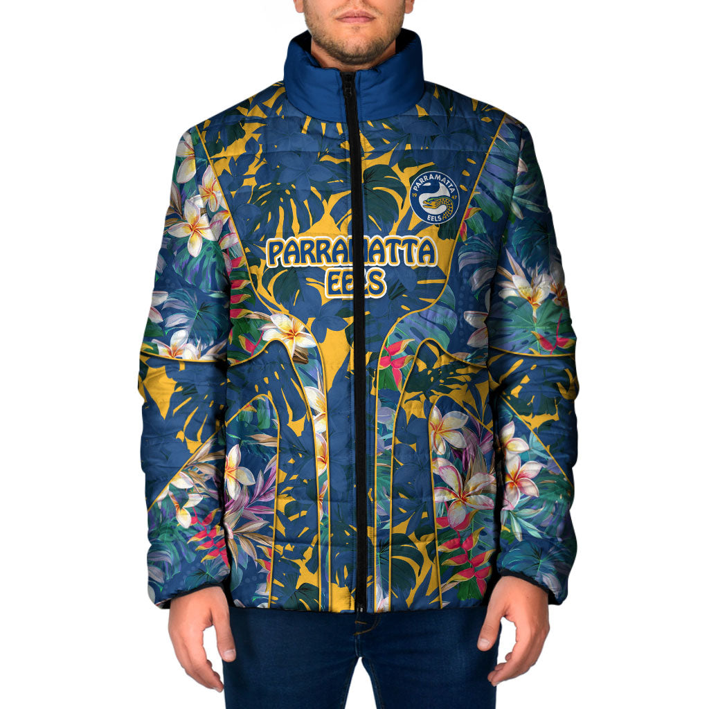 Parramatta Eels Padded Jacket Tropical Hibiscus Floral Pattern With Blue And Yellow Accents