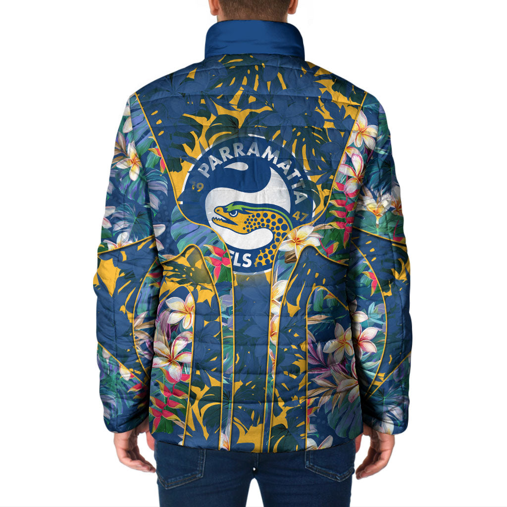 Parramatta Eels Padded Jacket Tropical Hibiscus Floral Pattern With Blue And Yellow Accents