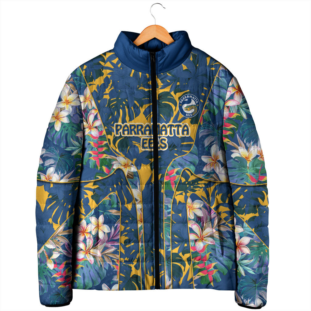Parramatta Eels Padded Jacket Tropical Hibiscus Floral Pattern With Blue And Yellow Accents