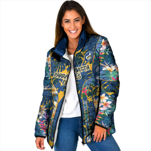 Parramatta Eels Padded Jacket Tropical Hibiscus Floral Pattern With Blue And Yellow Accents