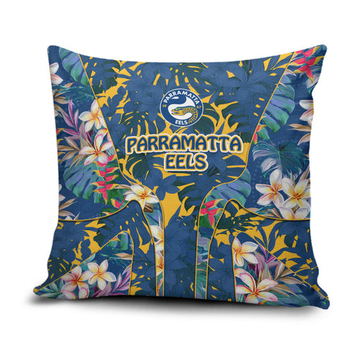 Parramatta Eels Pillow Cover Tropical Hibiscus Floral Pattern With Blue And Yellow Accents