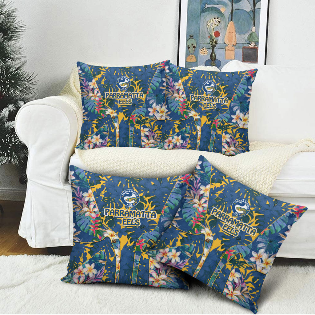 Parramatta Eels Pillow Cover Tropical Hibiscus Floral Pattern With Blue And Yellow Accents