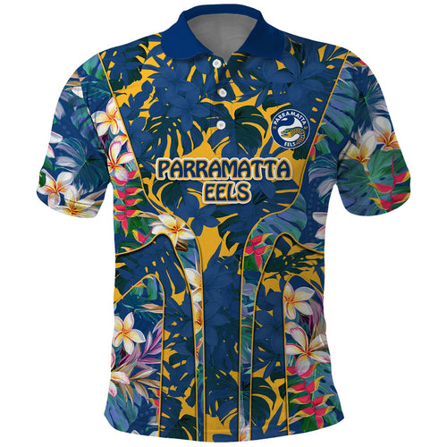 Parramatta Eels Polo Shirt Tropical Hibiscus Floral Pattern With Blue And Yellow Accents