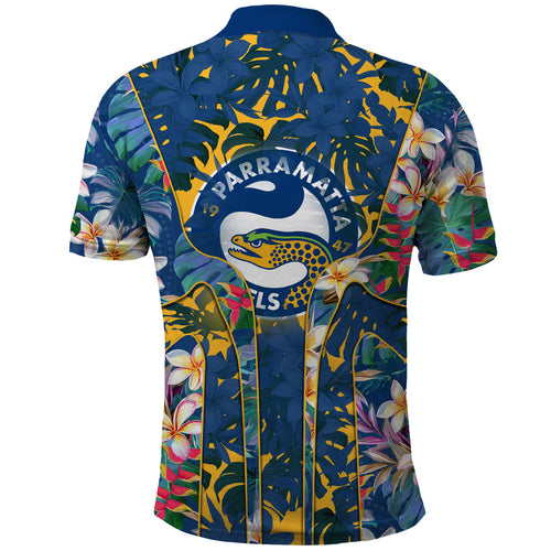 Parramatta Eels Polo Shirt Tropical Hibiscus Floral Pattern With Blue And Yellow Accents