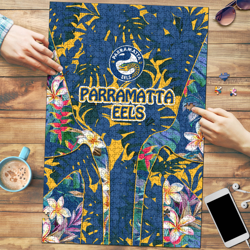 Parramatta Eels Puzzle Tropical Hibiscus Floral Pattern With Blue And Yellow Accents