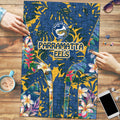Parramatta Eels Puzzle Tropical Hibiscus Floral Pattern With Blue And Yellow Accents