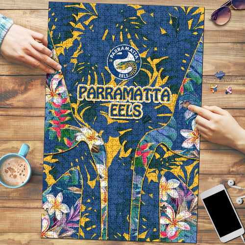 Parramatta Eels Puzzle Tropical Hibiscus Floral Pattern With Blue And Yellow Accents