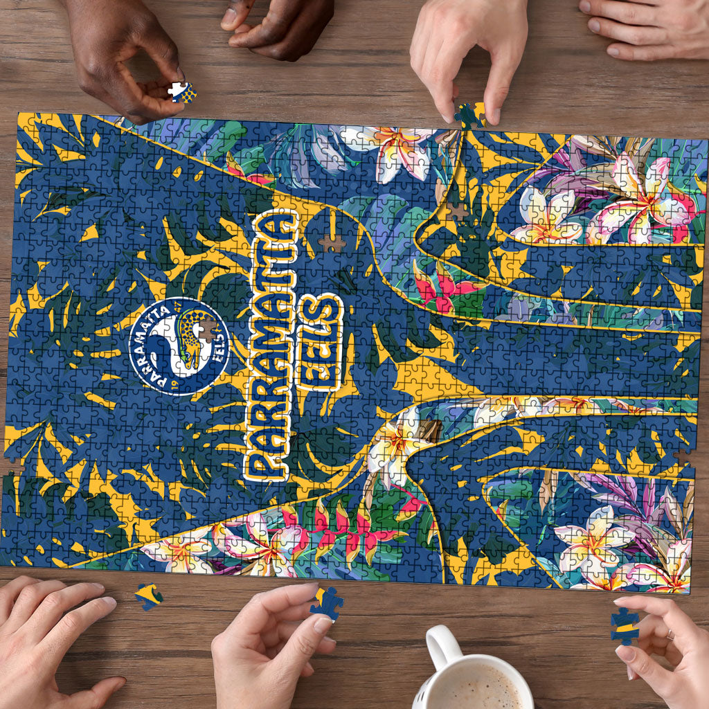 Parramatta Eels Puzzle Tropical Hibiscus Floral Pattern With Blue And Yellow Accents