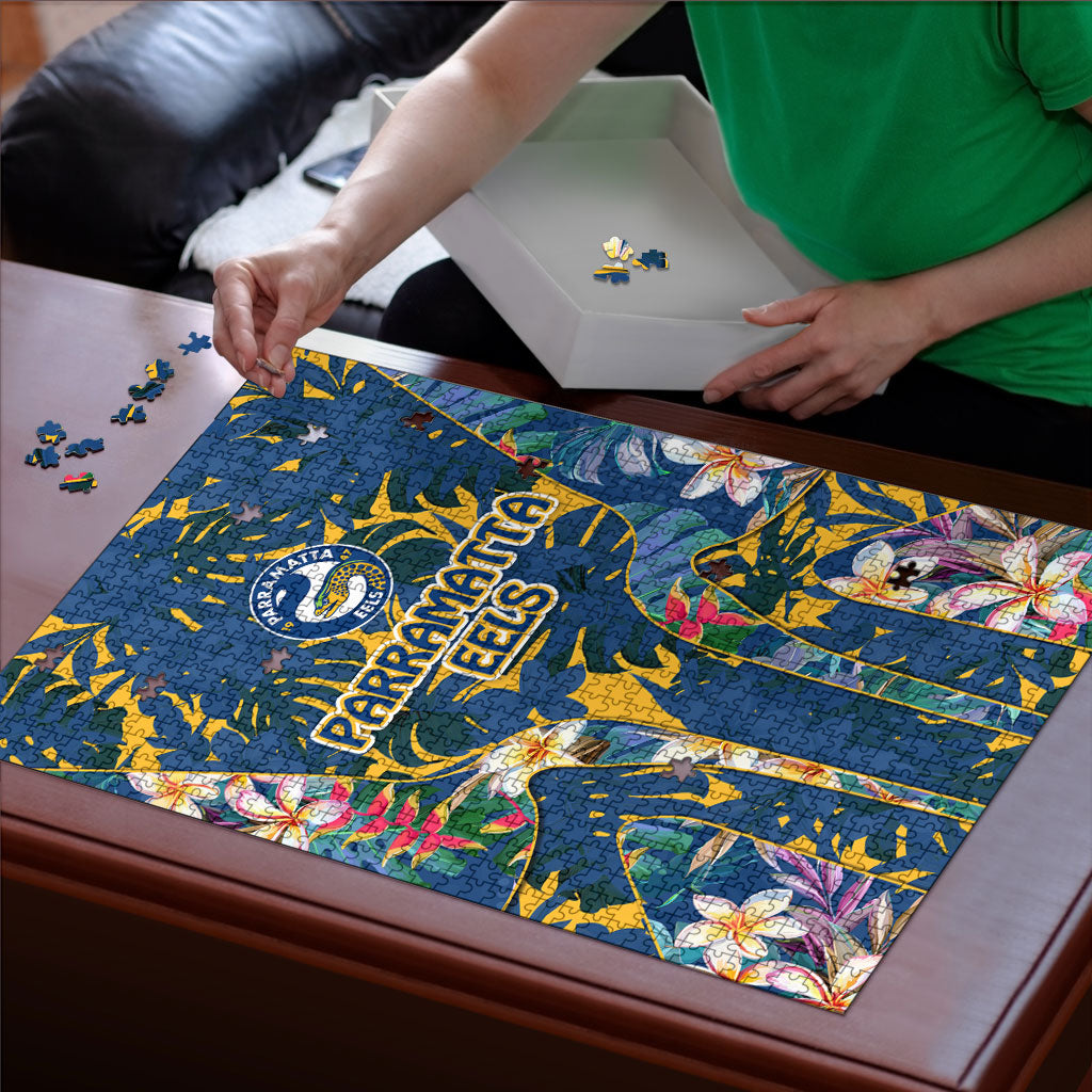Parramatta Eels Puzzle Tropical Hibiscus Floral Pattern With Blue And Yellow Accents