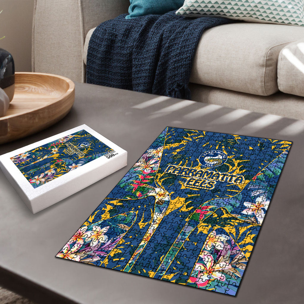 Parramatta Eels Puzzle Tropical Hibiscus Floral Pattern With Blue And Yellow Accents