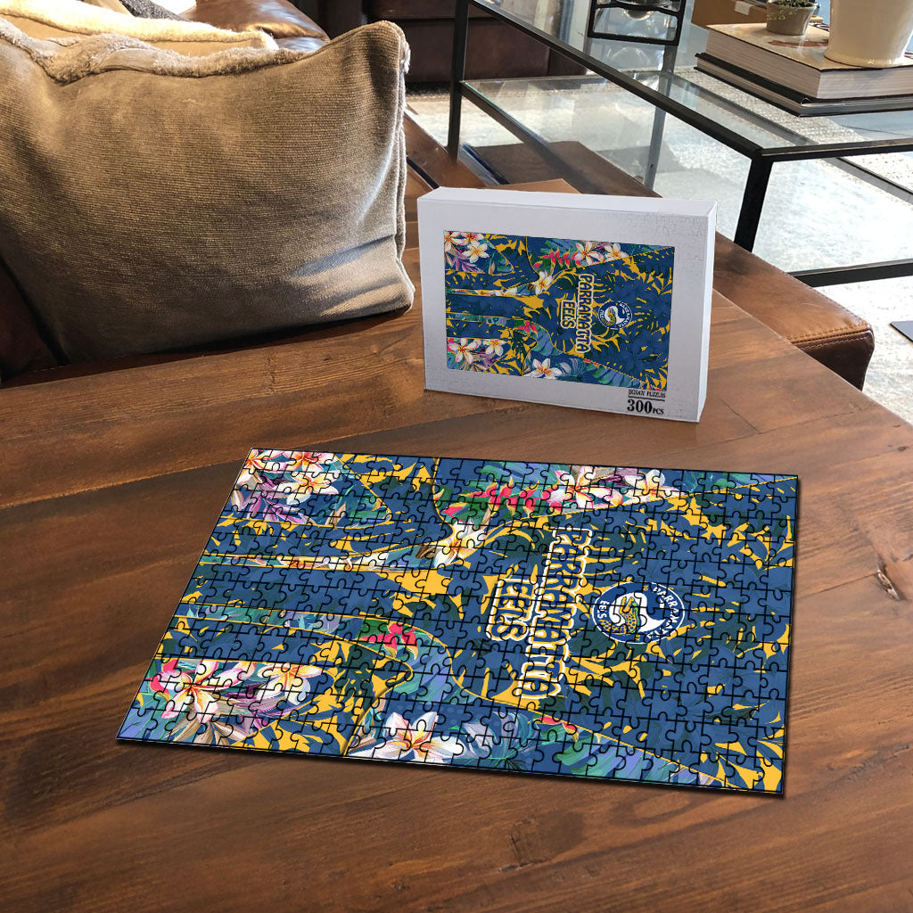 Parramatta Eels Puzzle Tropical Hibiscus Floral Pattern With Blue And Yellow Accents