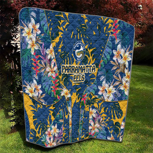 Parramatta Eels Quilt Tropical Hibiscus Floral Pattern With Blue And Yellow Accents