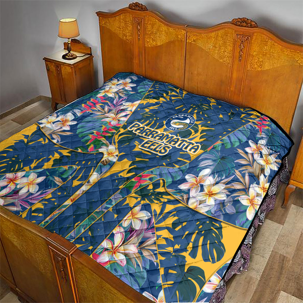 Parramatta Eels Quilt Tropical Hibiscus Floral Pattern With Blue And Yellow Accents