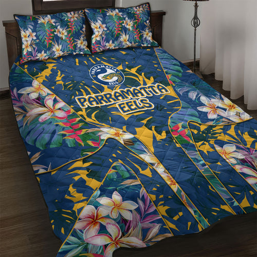 Parramatta Eels Quilt Bed Set Tropical Hibiscus Floral Pattern With Blue And Yellow Accents